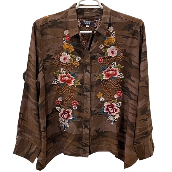 JOHNNY WAS SILK BUTTON DOWN - SZ L - Picture 1 of 4